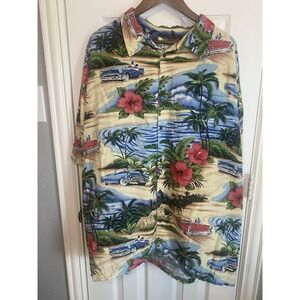Big Dogs Vintage Hawaiian Button Up Short Sleeve Blue Cars Men's 3XL